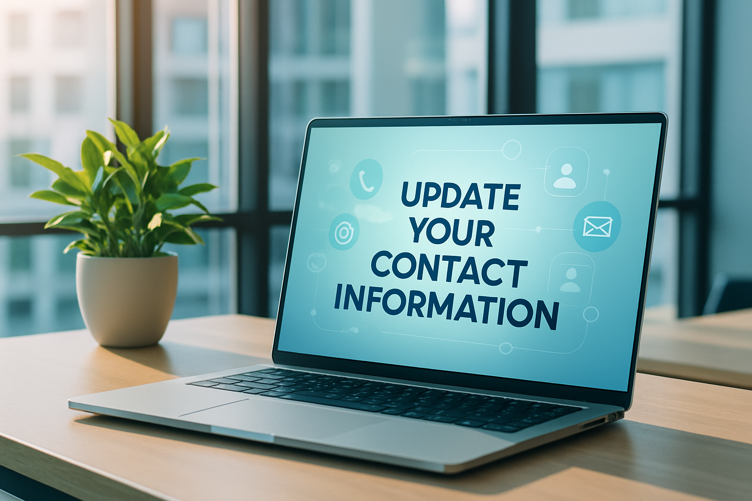 In a modern office setting a sleek minimalist desk is adorned with a stylish laptop and a vibrant potted plant Sunlight streams through large windows