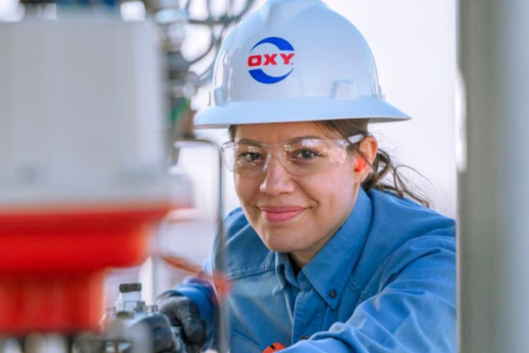 Person wearing Oxy branded hardhat