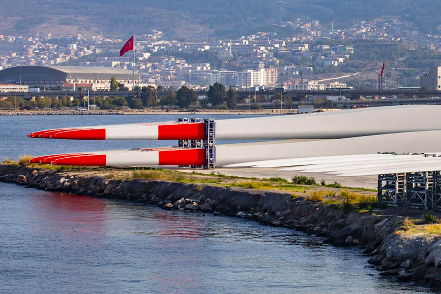 Wind turbine blades in dock yard