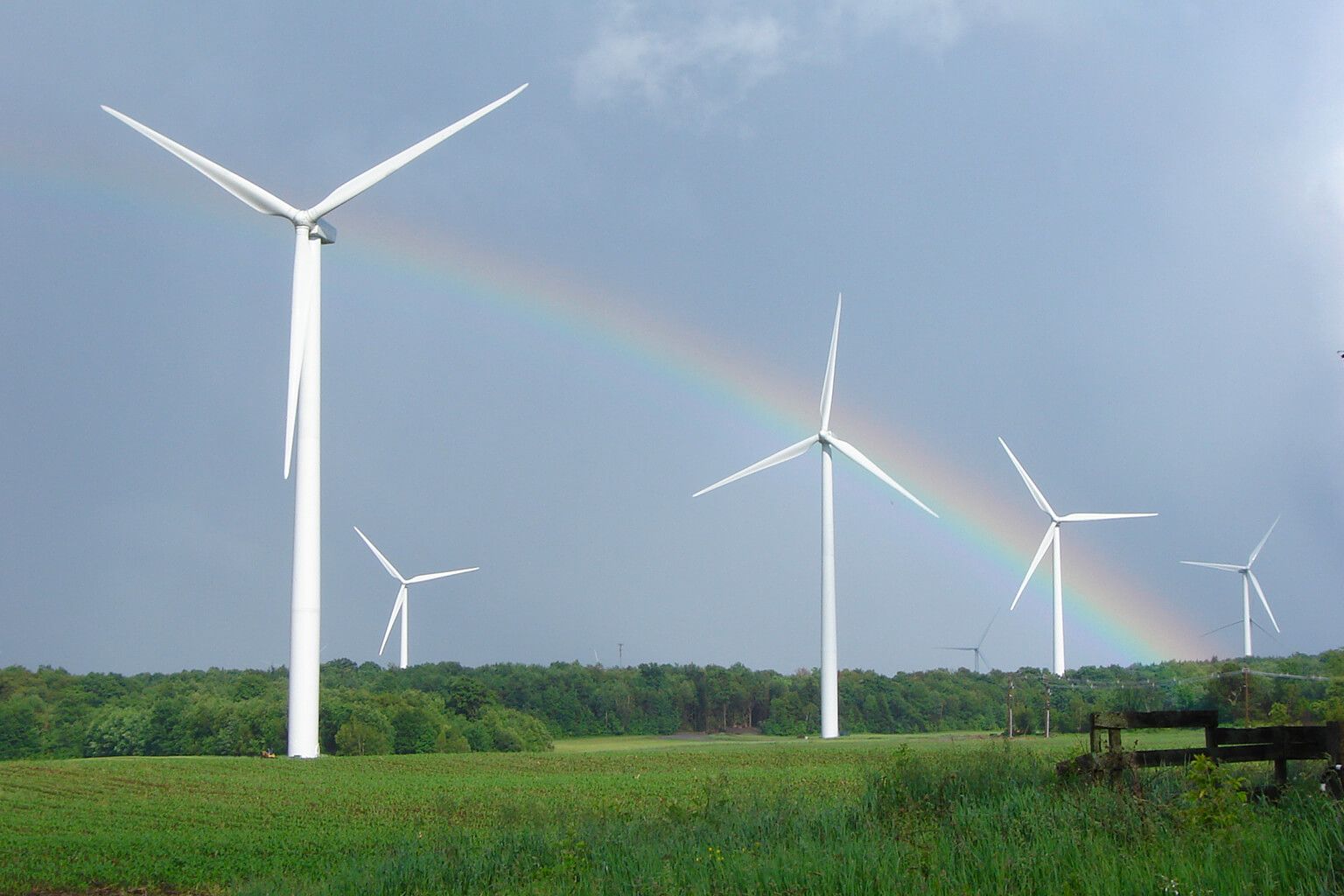 Wind turbines in front of rainbow